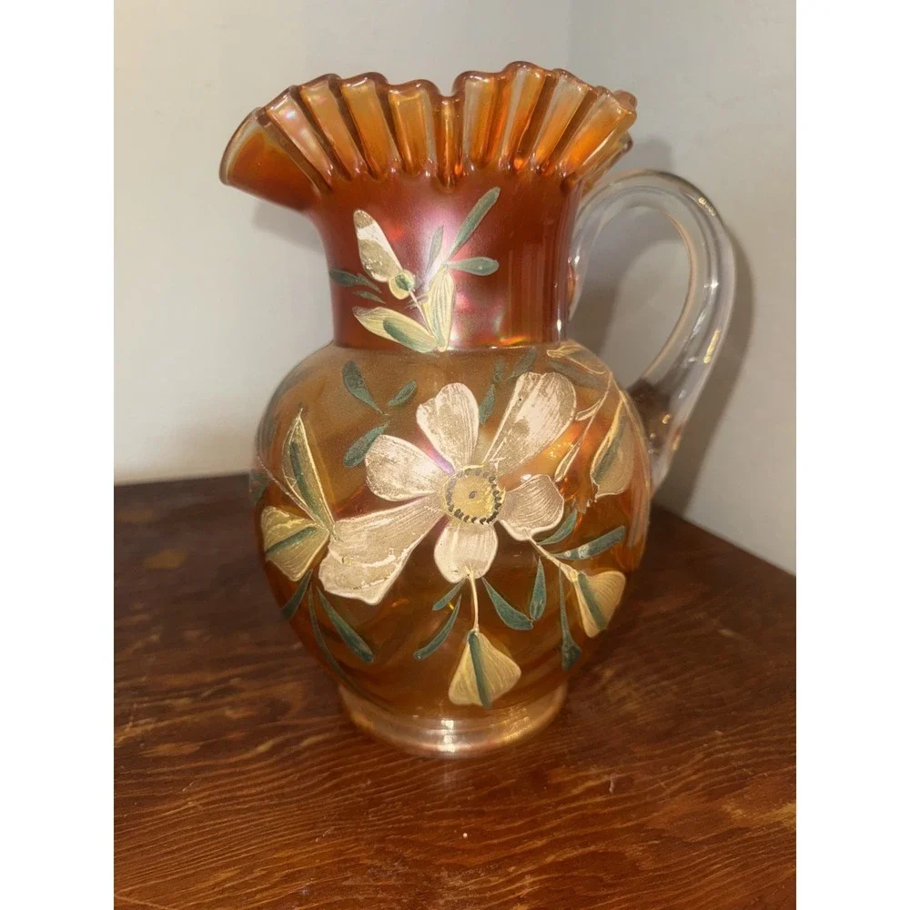 Fenton Marigold Carnival Glass Lotus Water Pitcher and 5 Glasses Set Vintage